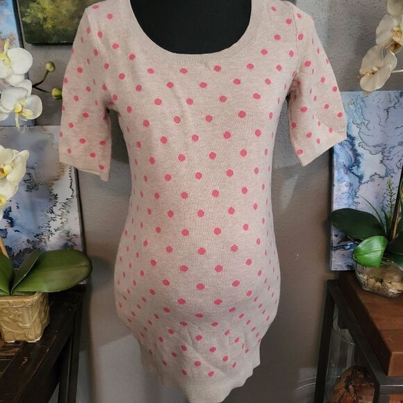 Motherhood tan/Grey with pink polka dot sweet sweater top short sleeves size S - Picture 1 of 5